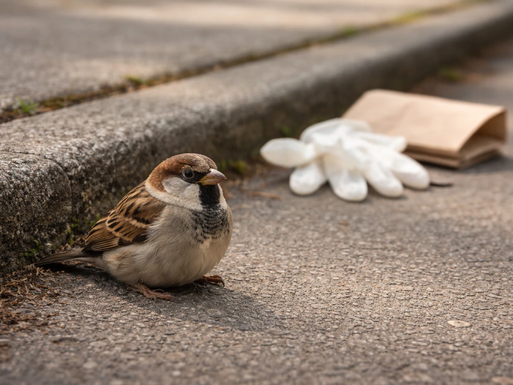 Small wild bird on the ground with a pair of gloves and a small bag nearby, signaling caution and safety.
