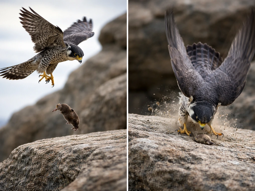 Bird dropping prey onto a rock and a high-speed strike frozen mid-impact in a minimal wildlife scene.