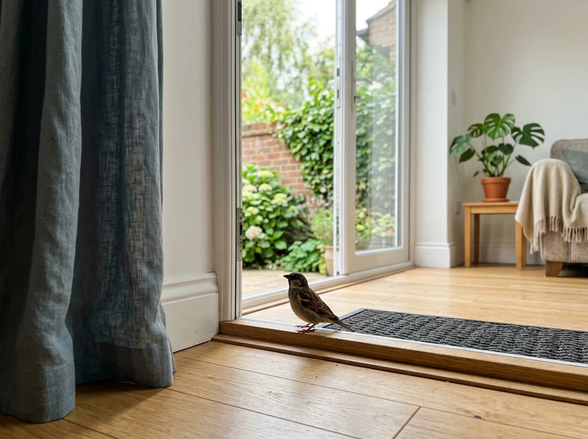 Wild bird inside a living room near an open window/door, showing the urgent first moment