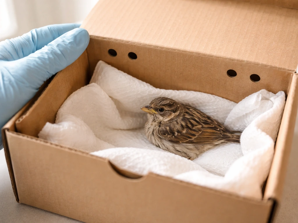 A small injured bird safely contained in a ventilated cardboard box lined with paper towels.