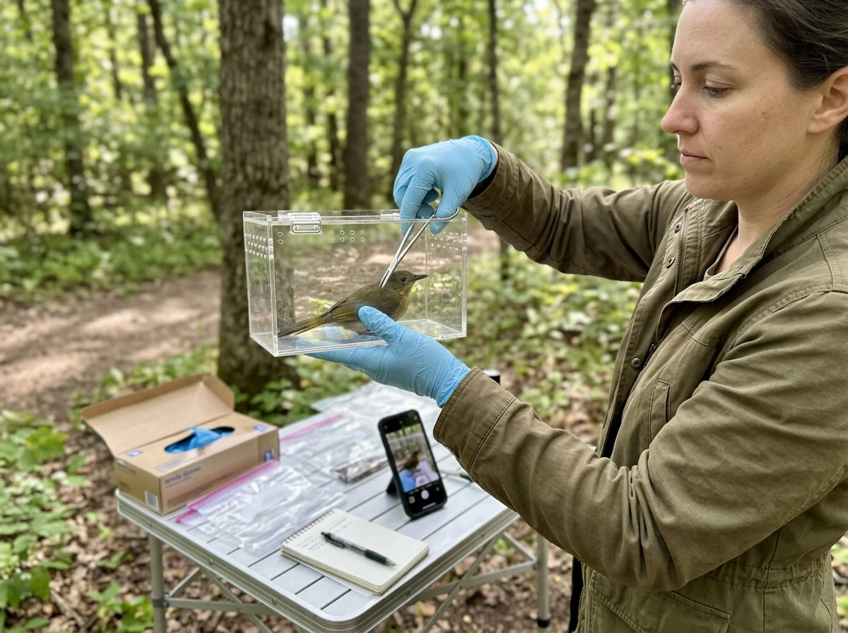 Field biologist holding a bird specimen safely while discussing poisonous-bird myths