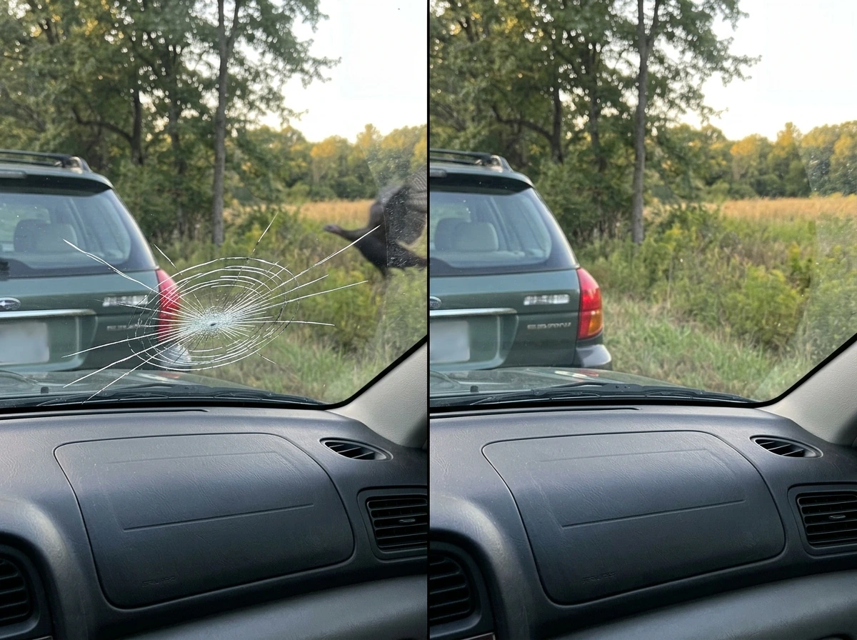 Cracked car windshield with a bird impact point and intact glass context, illustrating bird window damage.