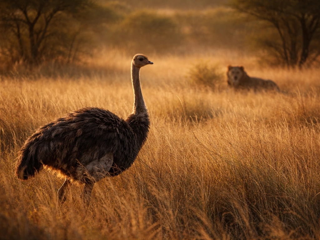 An ostrich-like ratite in tall savanna grass with a lion far in the background, calm and distant.