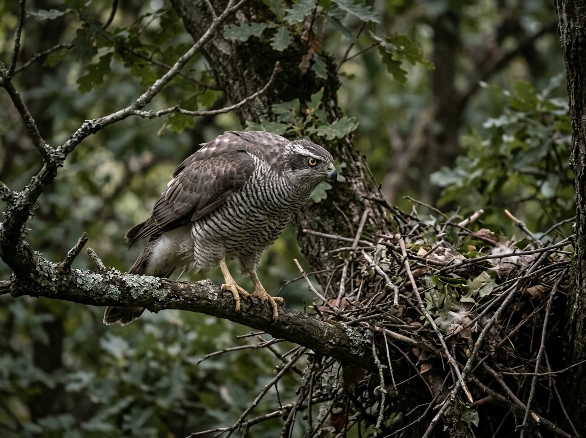 A Northern goshawk perched near a nest with a threatening dive posture