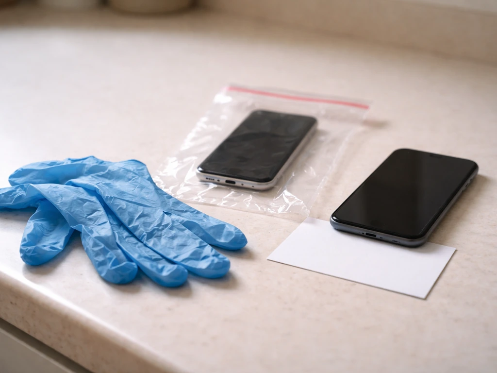 Disposable gloves handling a sealed evidence bag on a clean countertop next to a phone and contact card