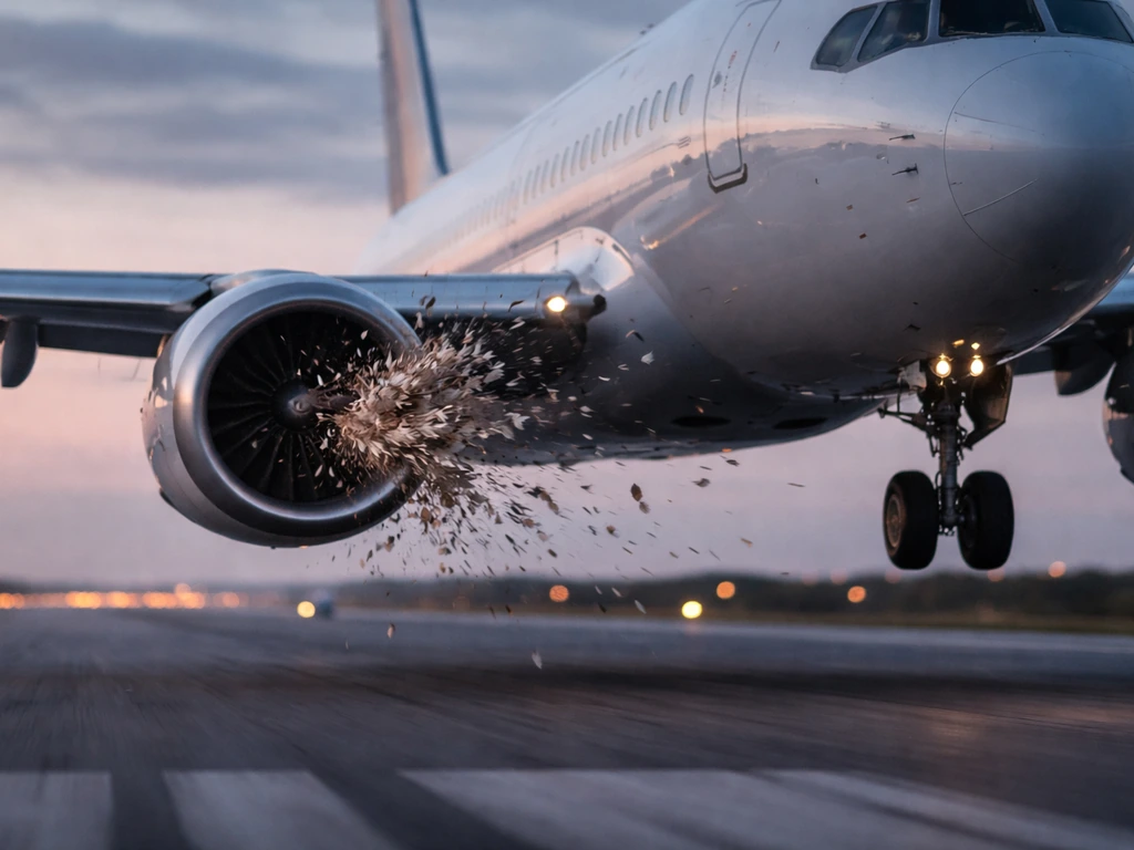 A passenger jet flies low near an airport runway as a bird strike throws a burst of feathers and debris.
