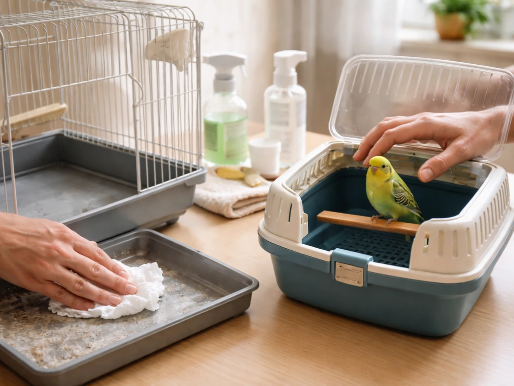 Pet bird moved to a clean carrier while the cage tray is spot-cleaned with supplies nearby.